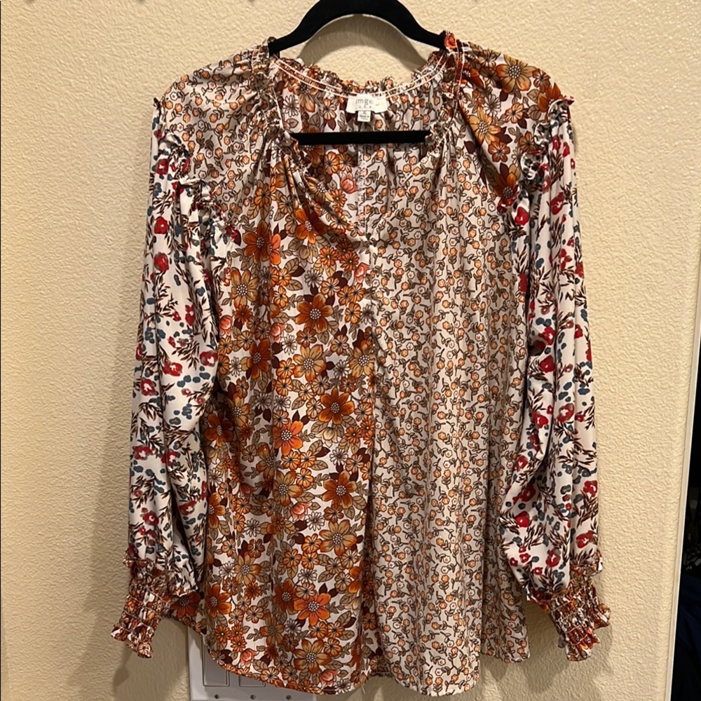 Umgee Brown Ruffled Smocked Blouse with Peter Pan Collar
